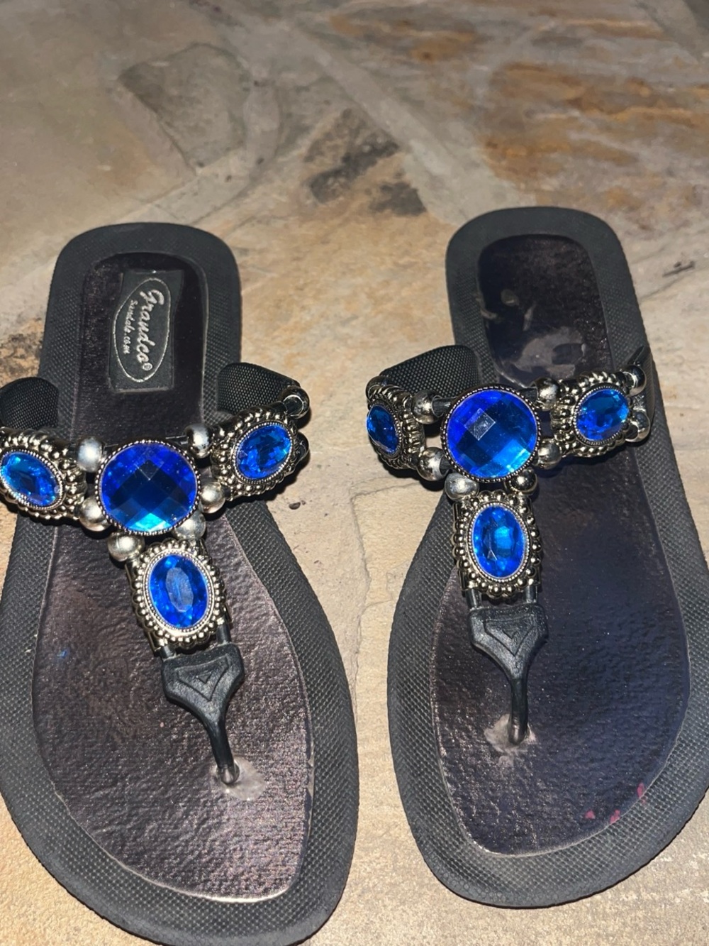 Embellished Black Sandals with Blue Gem Accents - Women